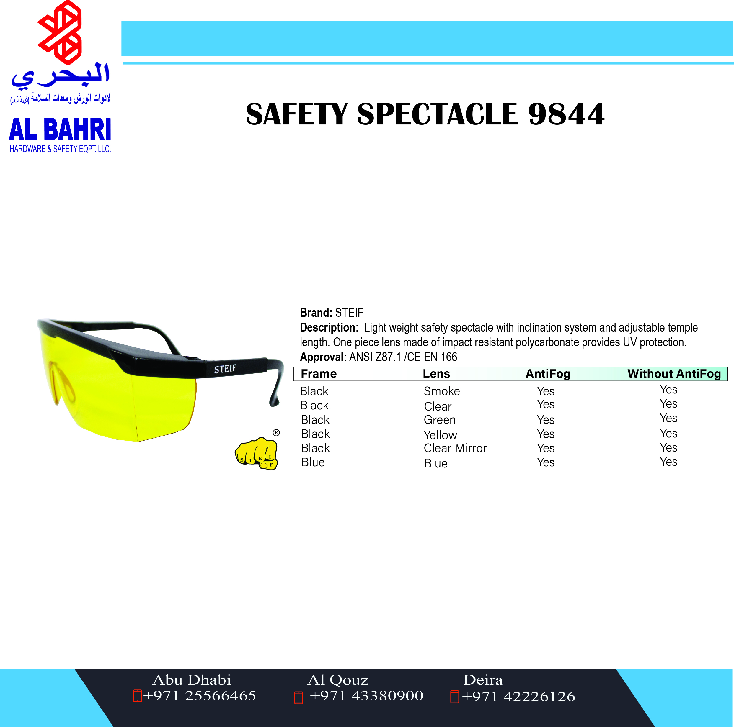 9844 Safety Spectacles, UV Protection, Light weight, Inclination System