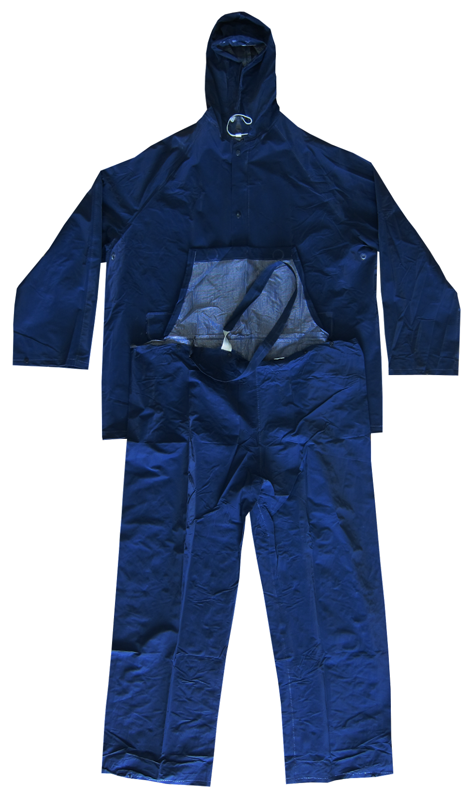 Dark Blue Rain Suit attached hood with draw string and stoppers.