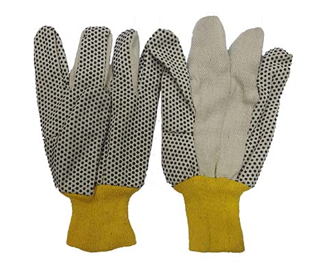 Drill Cotton Gloves With PVC Dots And Knit Wrist - Drill cotton gloves PVC dotted cotton gloves Yellow