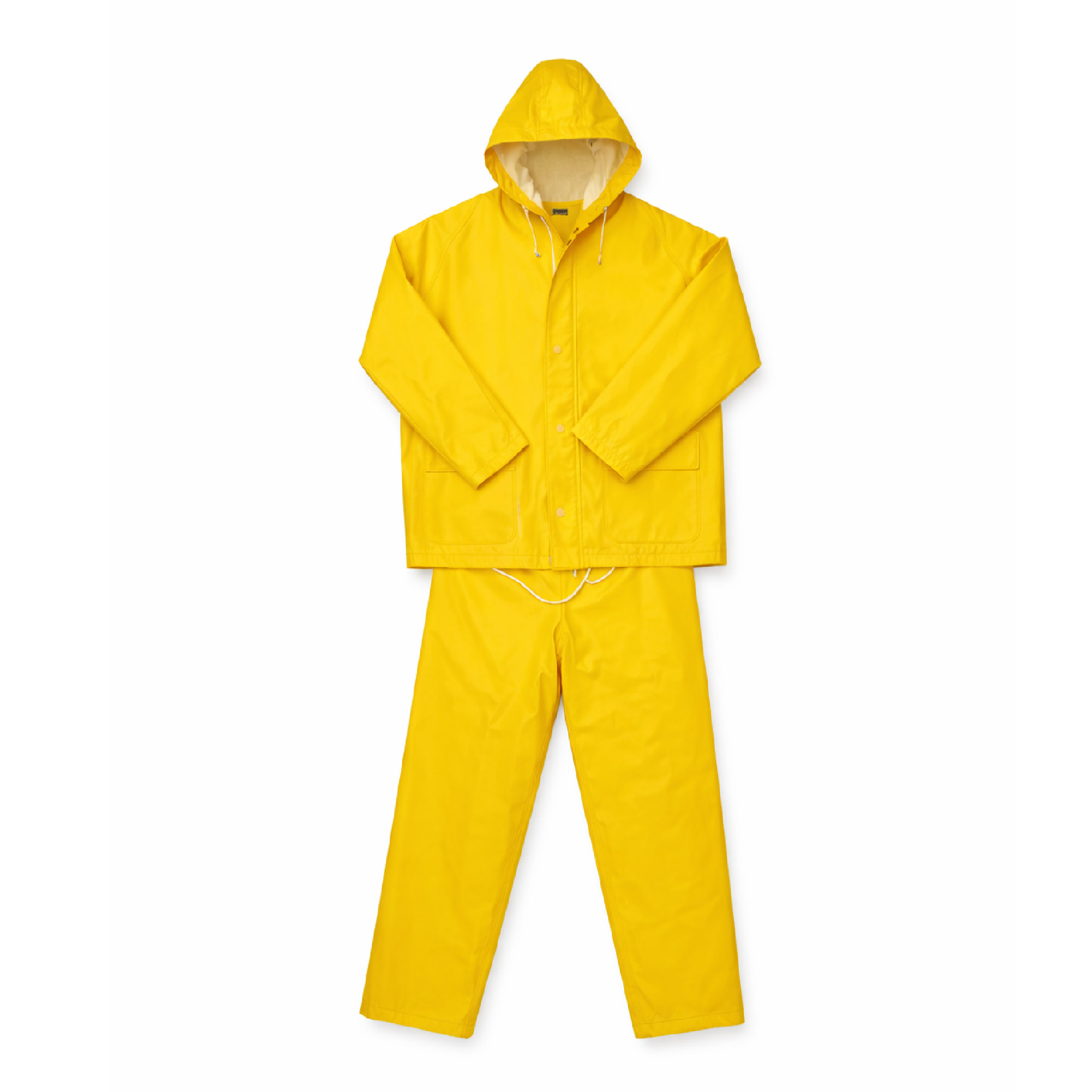 PVC Yellow Rain Suit attached hood with draw string and stoppers.