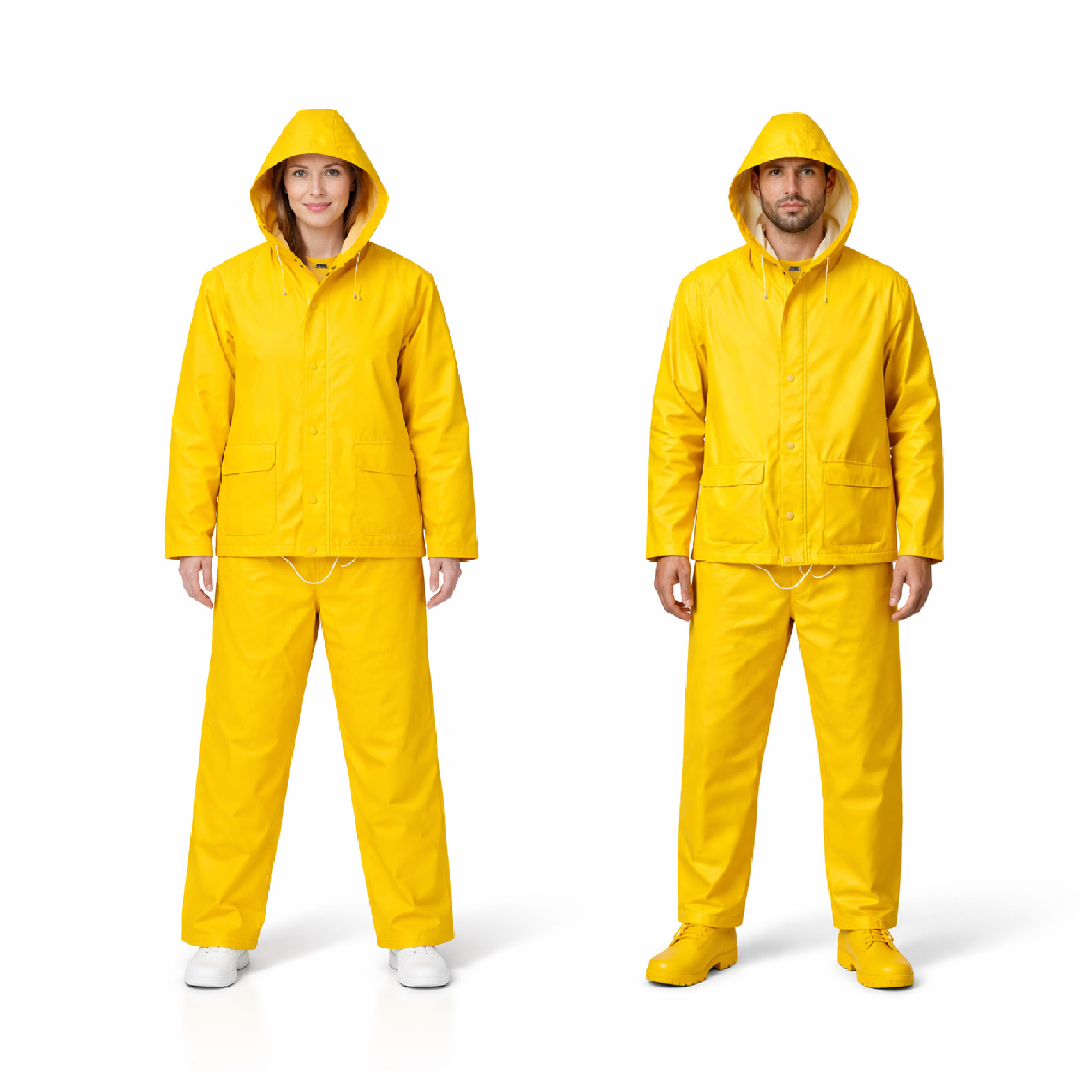 PVC Yellow Rain Suit attached hood with draw string and stoppers.